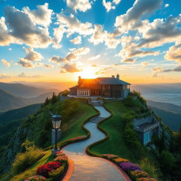 A stunning mansion perched on top of a majestic mountain, surrounded by lush greenery and breathtaking panoramic views