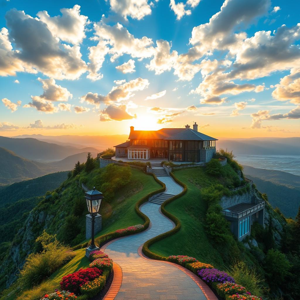 A stunning mansion perched on top of a majestic mountain, surrounded by lush greenery and breathtaking panoramic views