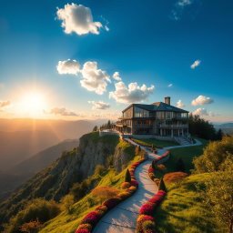 A stunning mansion perched on top of a majestic mountain, surrounded by lush greenery and breathtaking panoramic views