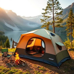 A stunning image of a professional travel tent set up in a breathtaking outdoor landscape, showcasing its durable and sleek design