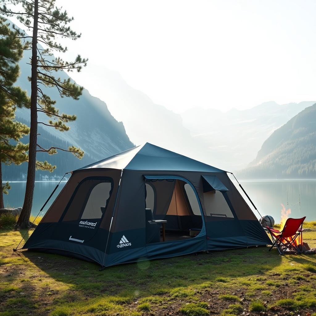 A stunning image of a professional travel tent set up in a breathtaking outdoor landscape, showcasing its durable and sleek design