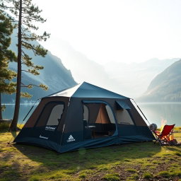 A stunning image of a professional travel tent set up in a breathtaking outdoor landscape, showcasing its durable and sleek design