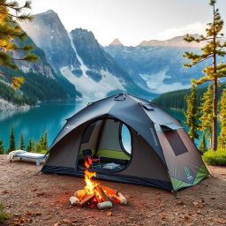 A stunning image of a professional travel tent set up in a breathtaking outdoor landscape, showcasing its durable and sleek design