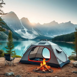 A stunning image of a professional travel tent set up in a breathtaking outdoor landscape, showcasing its durable and sleek design