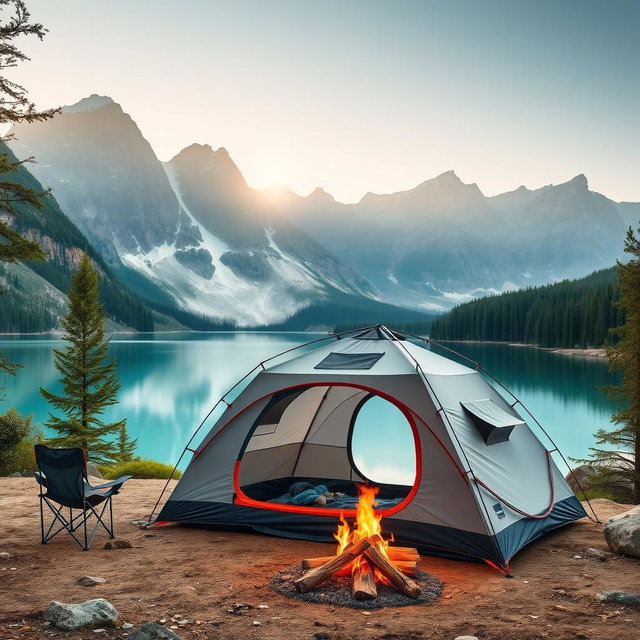 A stunning image of a professional travel tent set up in a breathtaking outdoor landscape, showcasing its durable and sleek design
