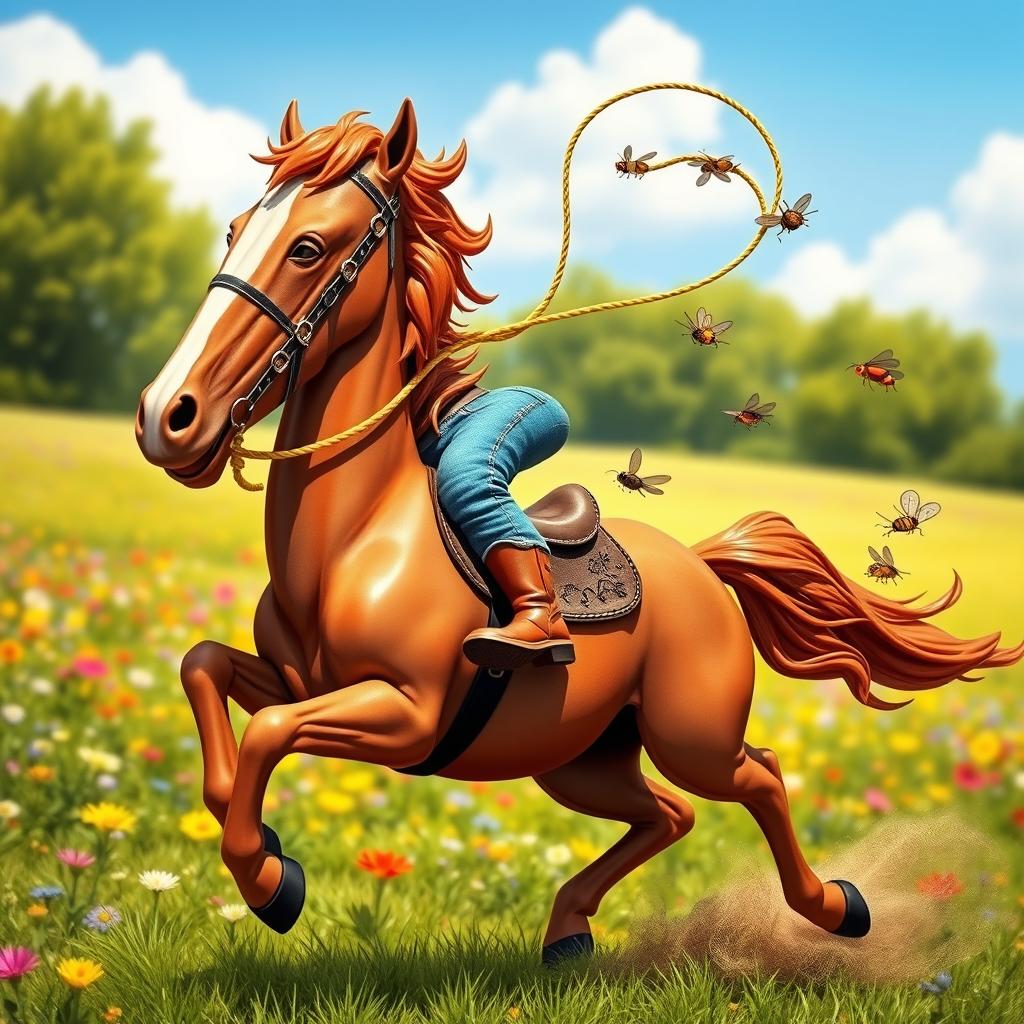A whimsical scene featuring a leg mounted on a horse, expertly lassoing insects with a web-like lasso