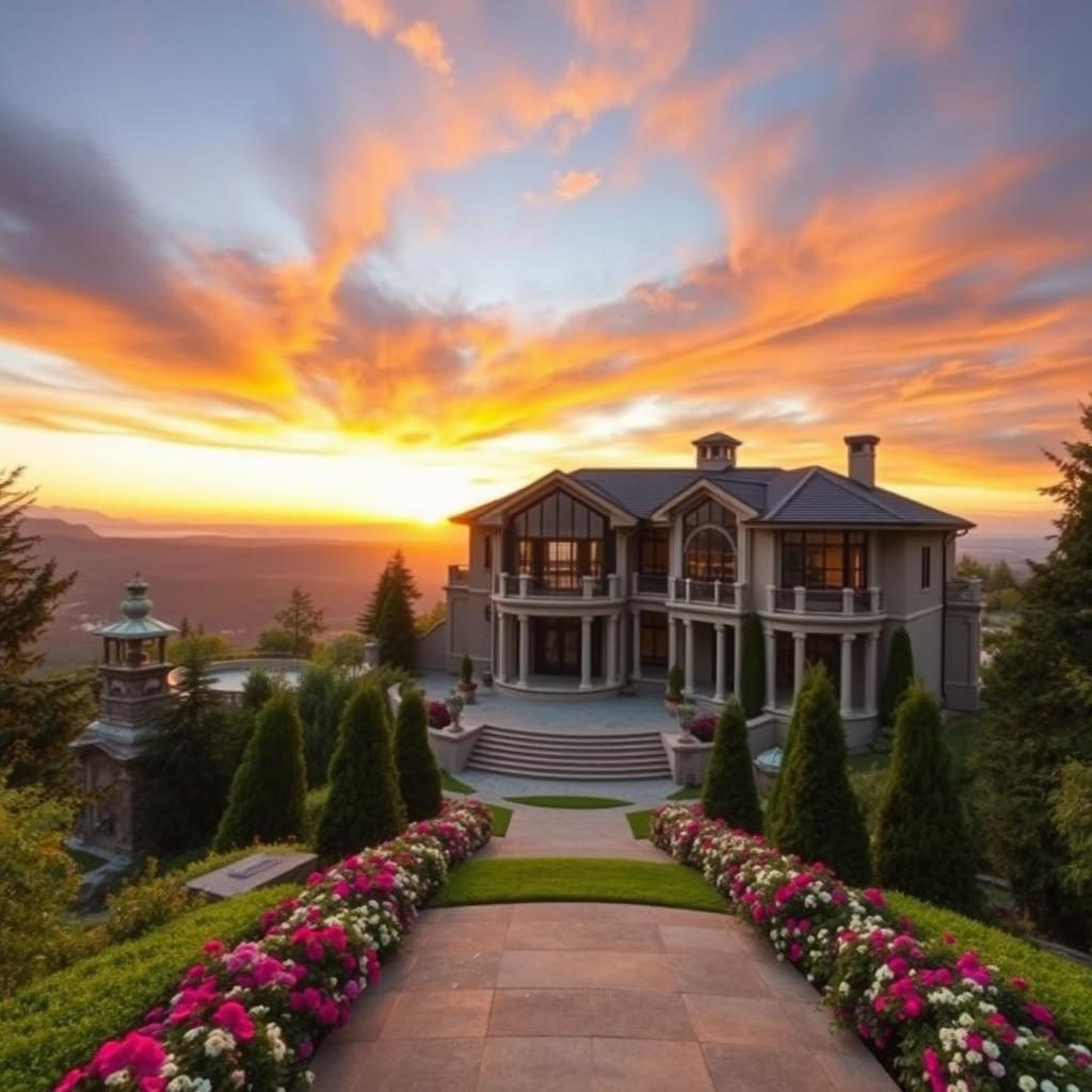 A stunning mansion perched atop a majestic mountain, surrounded by lush greenery and a breathtaking view of the valley below