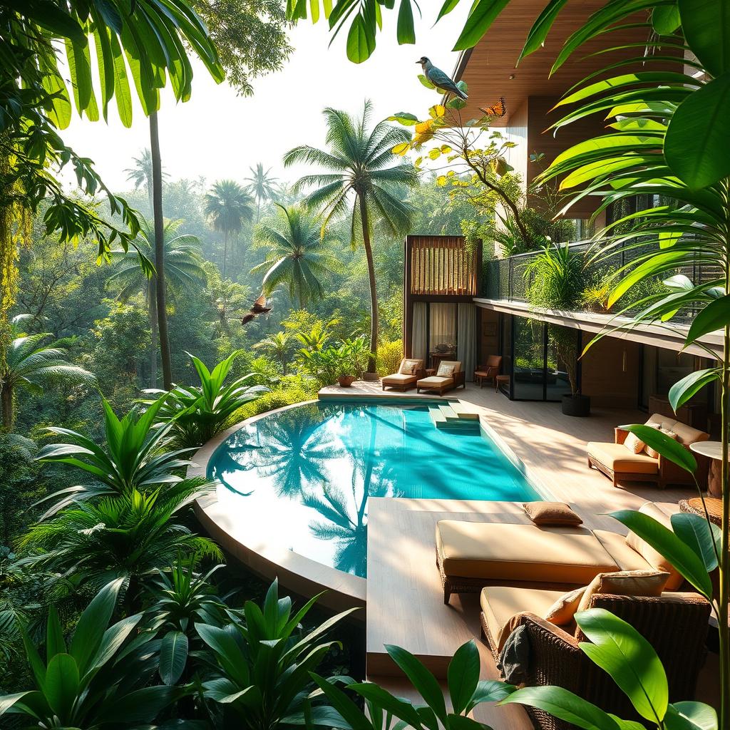 A luxurious penthouse nestled in a lush jungle, surrounded by vibrant greenery, tall trees, and exotic plants