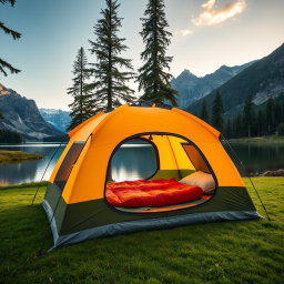 An eye-catching image of an inflatable travel tent set up in a picturesque outdoor setting, such as a lush green campsite beside a calm lake