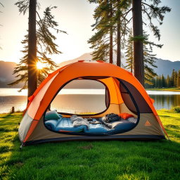 An eye-catching image of an inflatable travel tent set up in a picturesque outdoor setting, such as a lush green campsite beside a calm lake