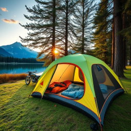 An eye-catching image of an inflatable travel tent set up in a picturesque outdoor setting, such as a lush green campsite beside a calm lake