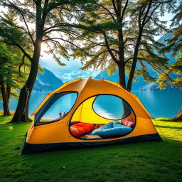 An eye-catching image of an inflatable travel tent set up in a picturesque outdoor setting, such as a lush green campsite beside a calm lake