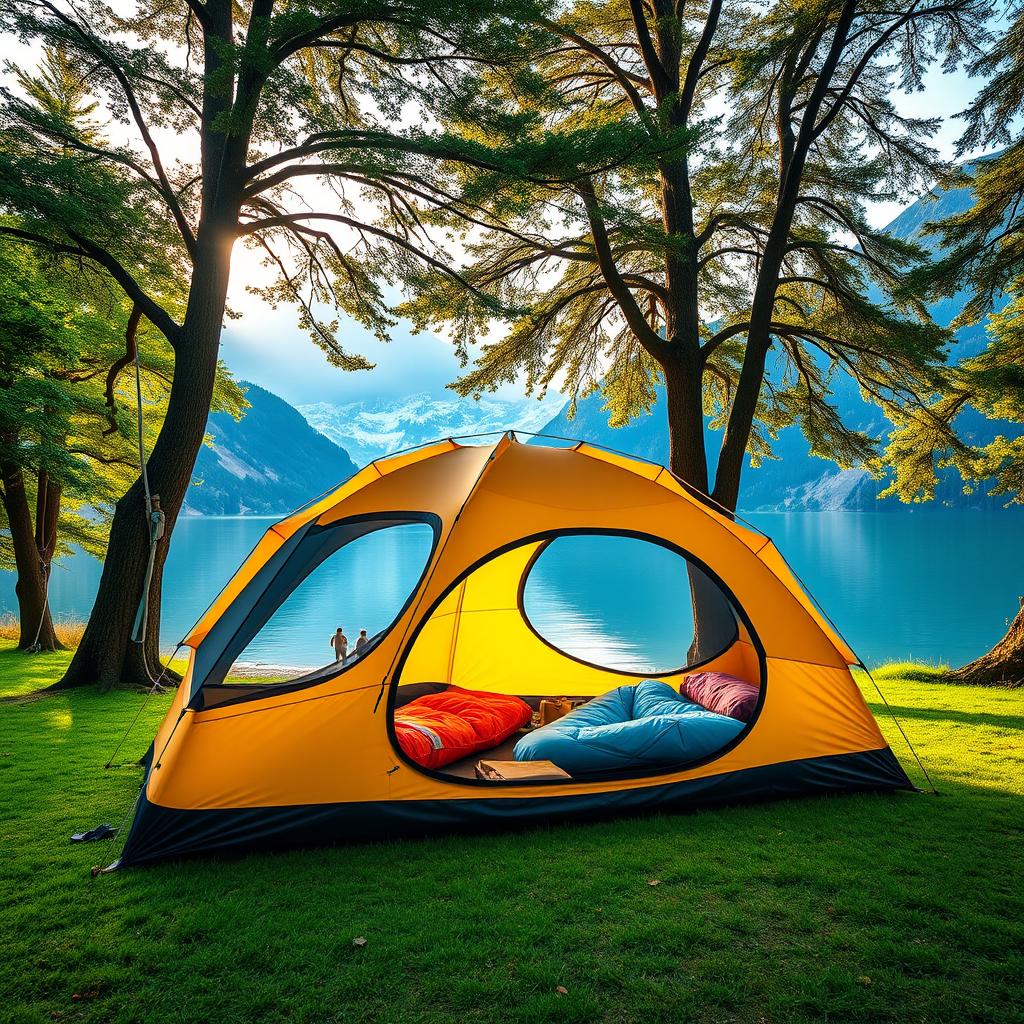 An eye-catching image of an inflatable travel tent set up in a picturesque outdoor setting, such as a lush green campsite beside a calm lake