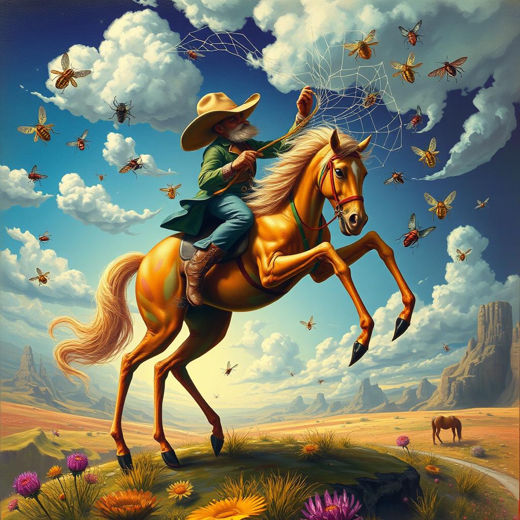 A surreal artwork depicting a cowboy spider mounted on a horse, lassoing insects with a intricate web-like lasso