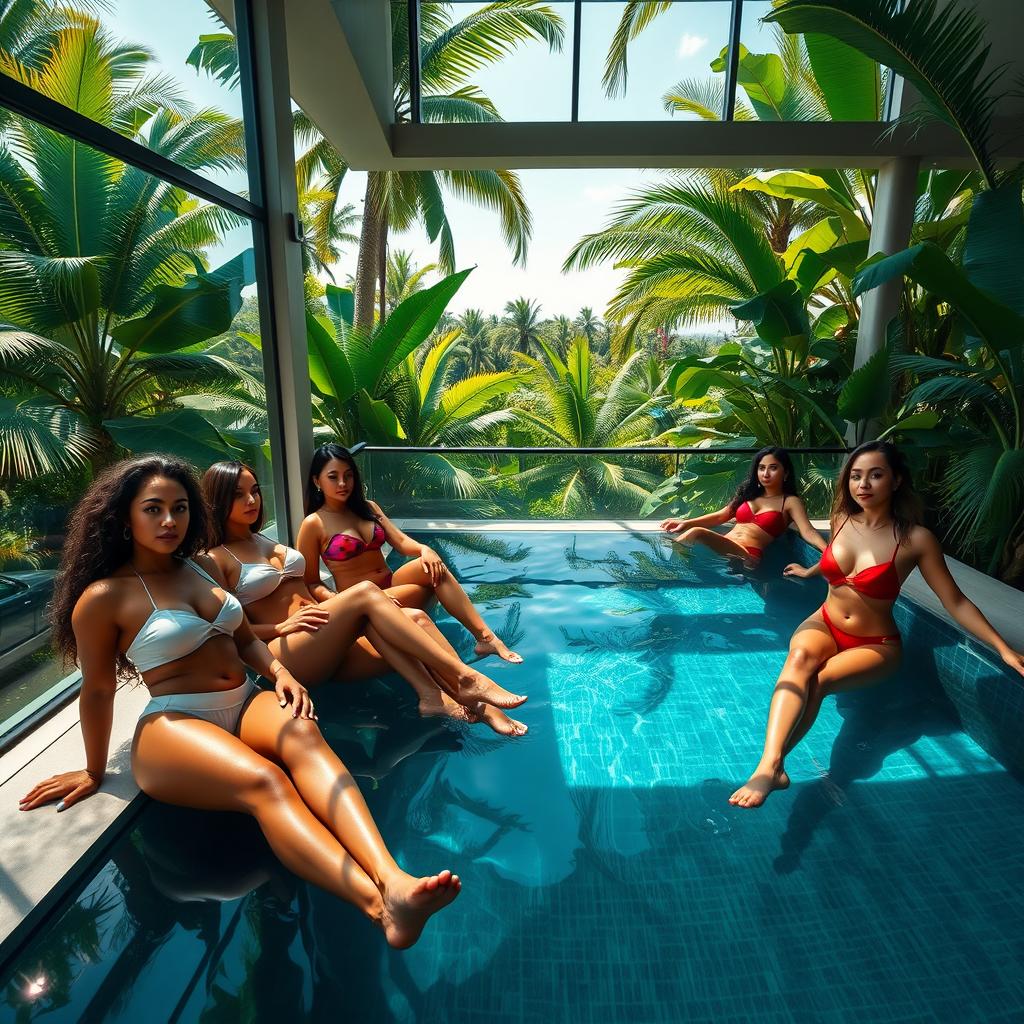 A stunning scene featuring beautiful women lounging by a luxurious pool in a penthouse surrounded by lush jungle foliage