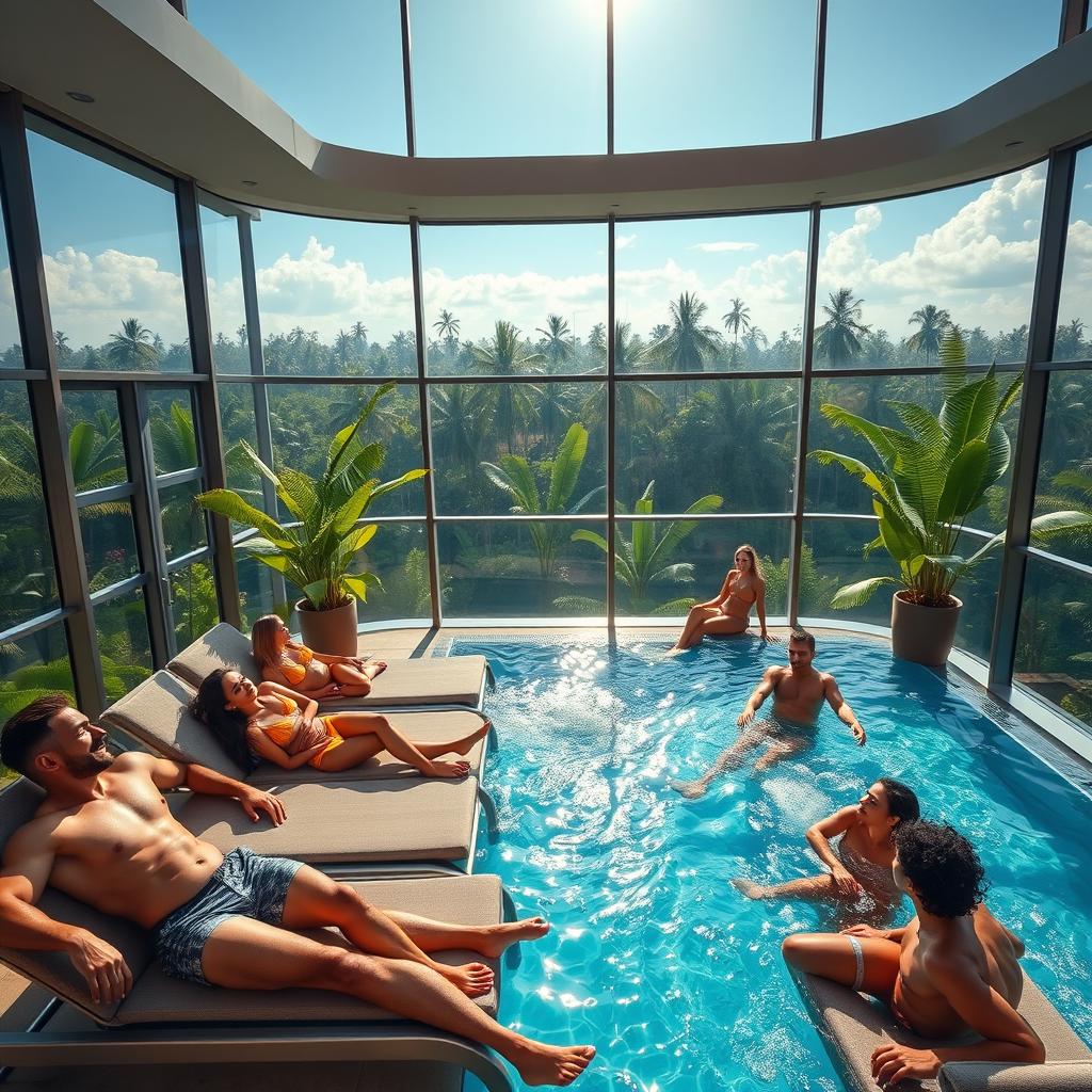 A luxurious penthouse with floor-to-ceiling windows overlooking a lush jungle