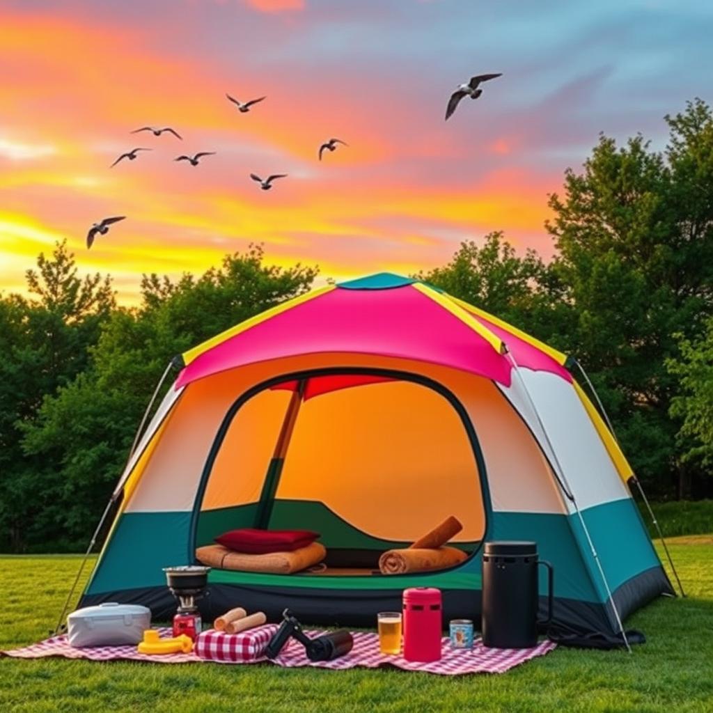 A vibrant and colorful travel inflatable tent set up in a picturesque outdoor setting