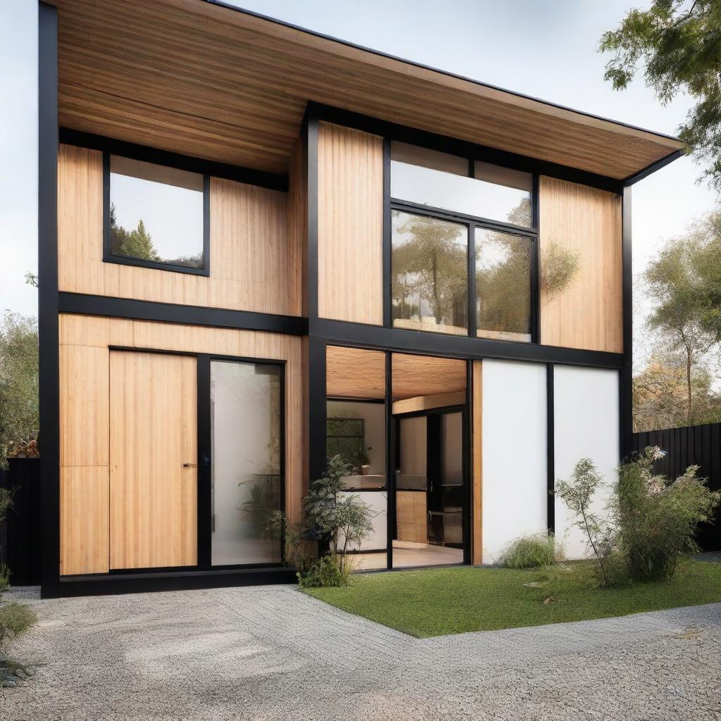 A detailed front view of a Scandinavian Industrial style house utilizing bamboo. The design features precise architectural details outlining sizes, showcasing an exposed structure with white walls, dark metal frameworks, large windows, and bamboo used strategically in fences, decoration, and landscaping.