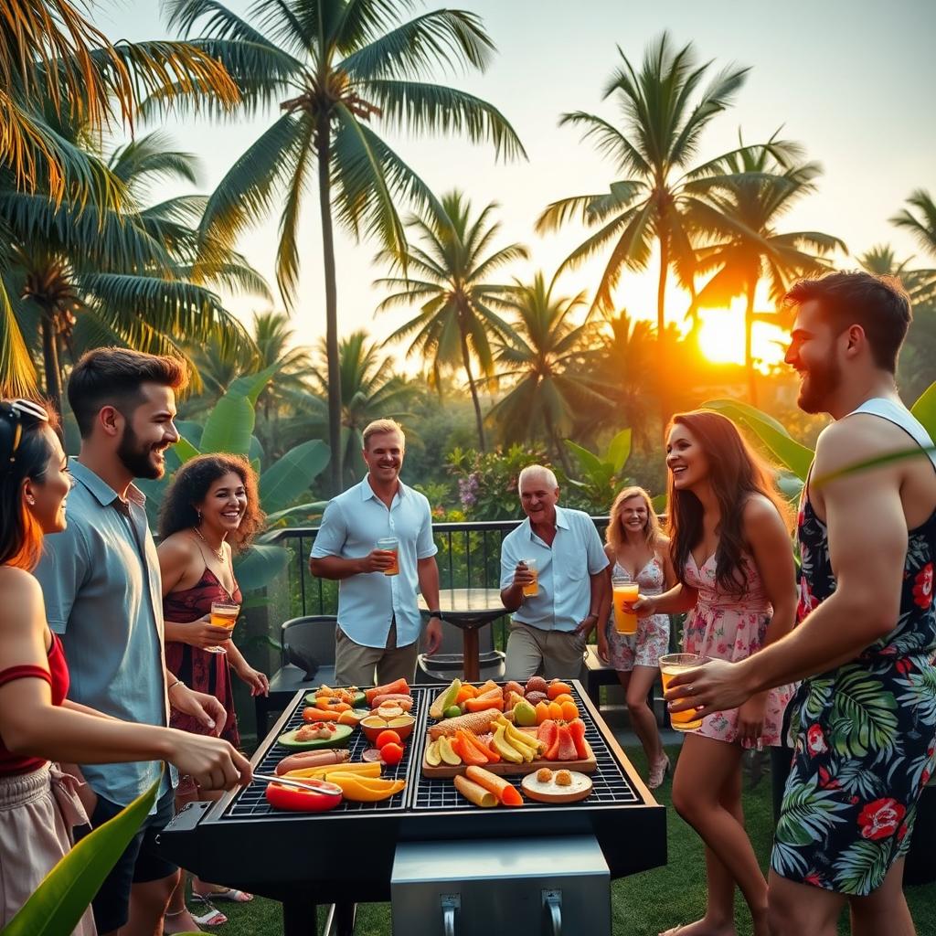 A vibrant and lively scene featuring beautiful men and women enjoying a barbecue on a penthouse lawn, surrounded by lush jungle greenery