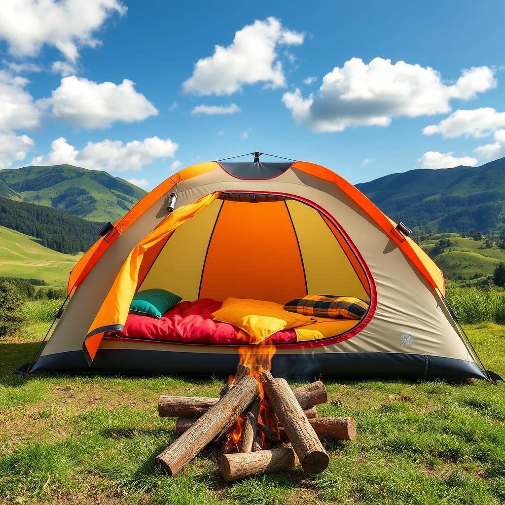 A vibrant and innovative travel inflatable tent set up in a picturesque outdoor environment, showcasing its unique design, bright colors, and spacious interior