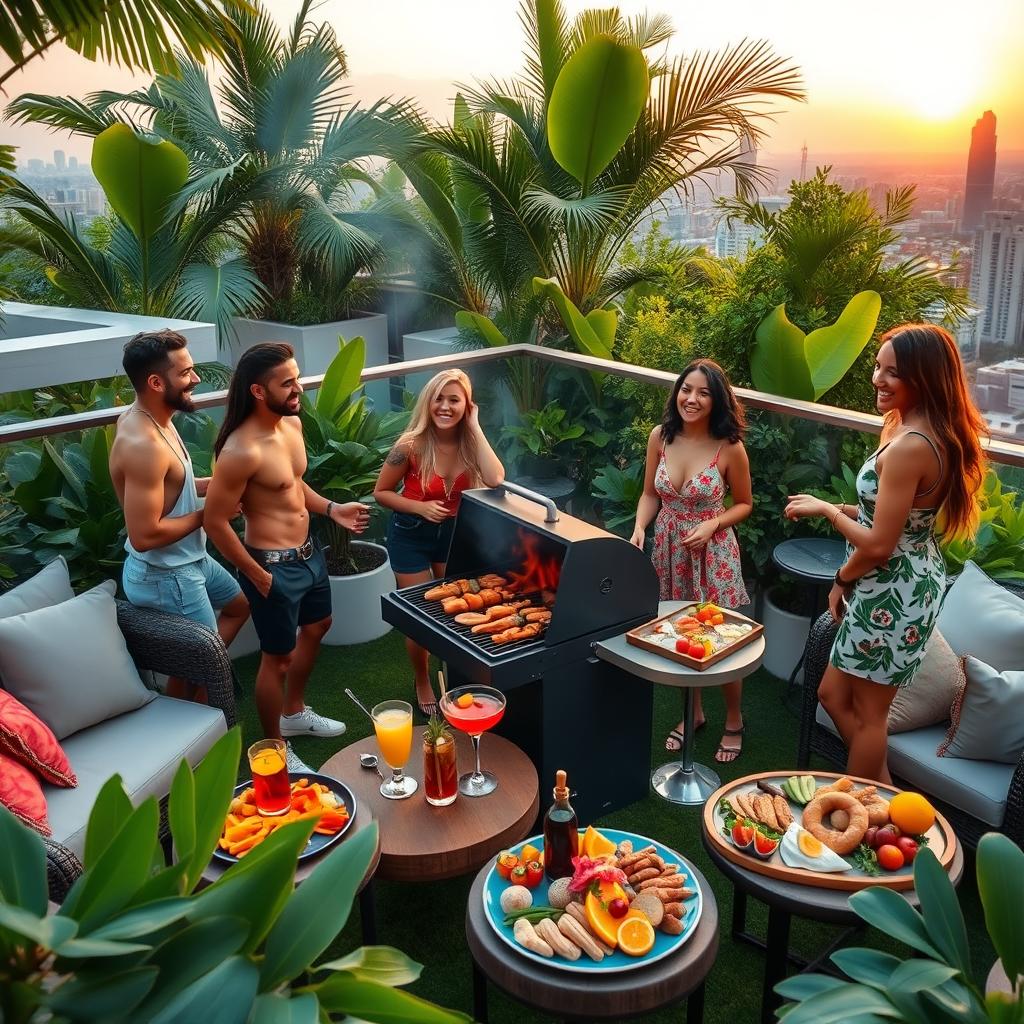 A vibrant and lively BBQ scene featuring beautiful men and women enjoying themselves on a penthouse lawn surrounded by lush greenery of the jungle