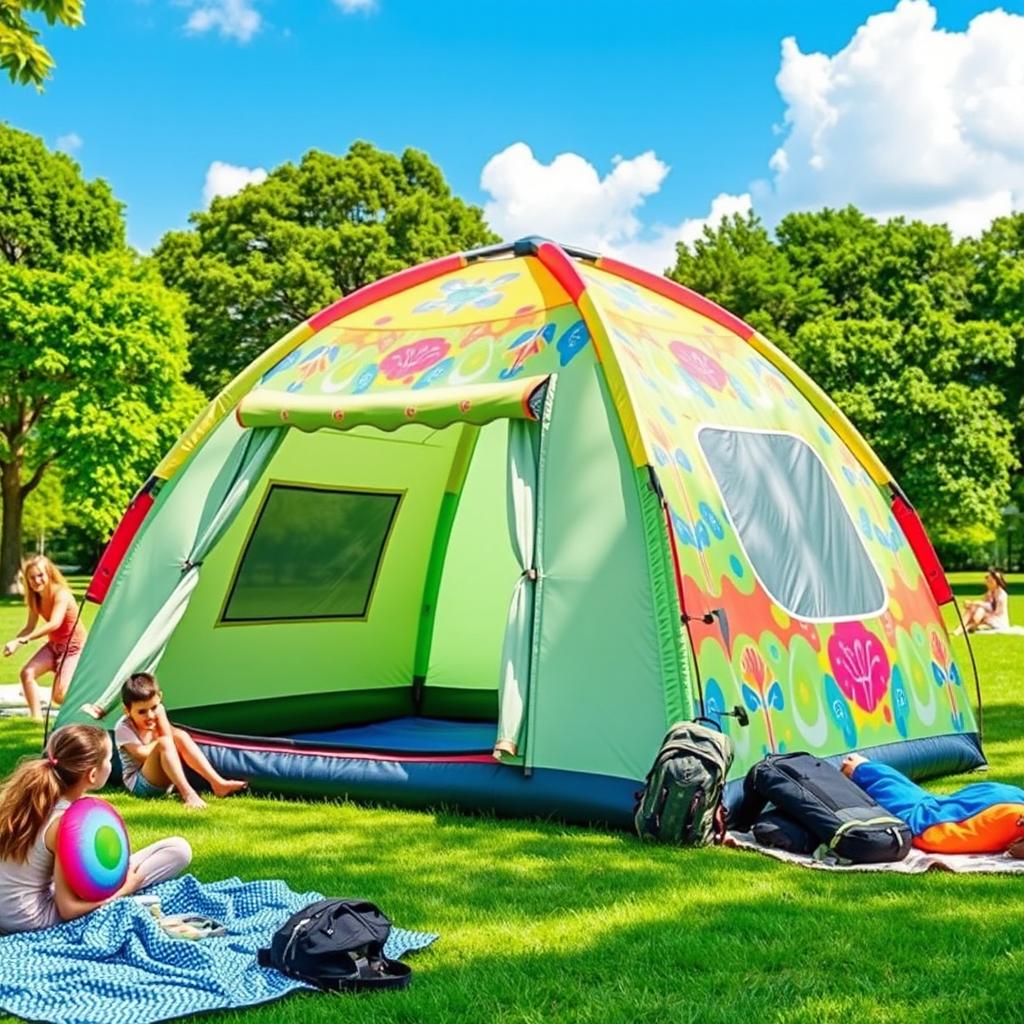 A colorful inflatable tent set up in a lush green park, with bright patterns and vibrant colors
