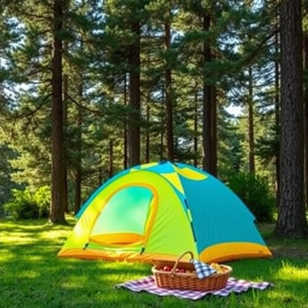 A vibrant inflatable tent set up in a lush green campsite surrounded by towering pine trees