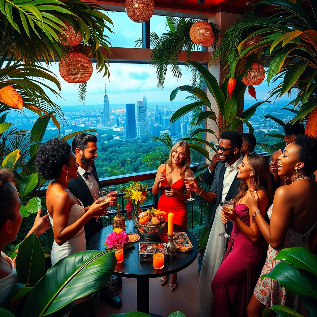 A hyper-realistic photograph depicting a lively party scene in a luxurious penthouse surrounded by a lush jungle