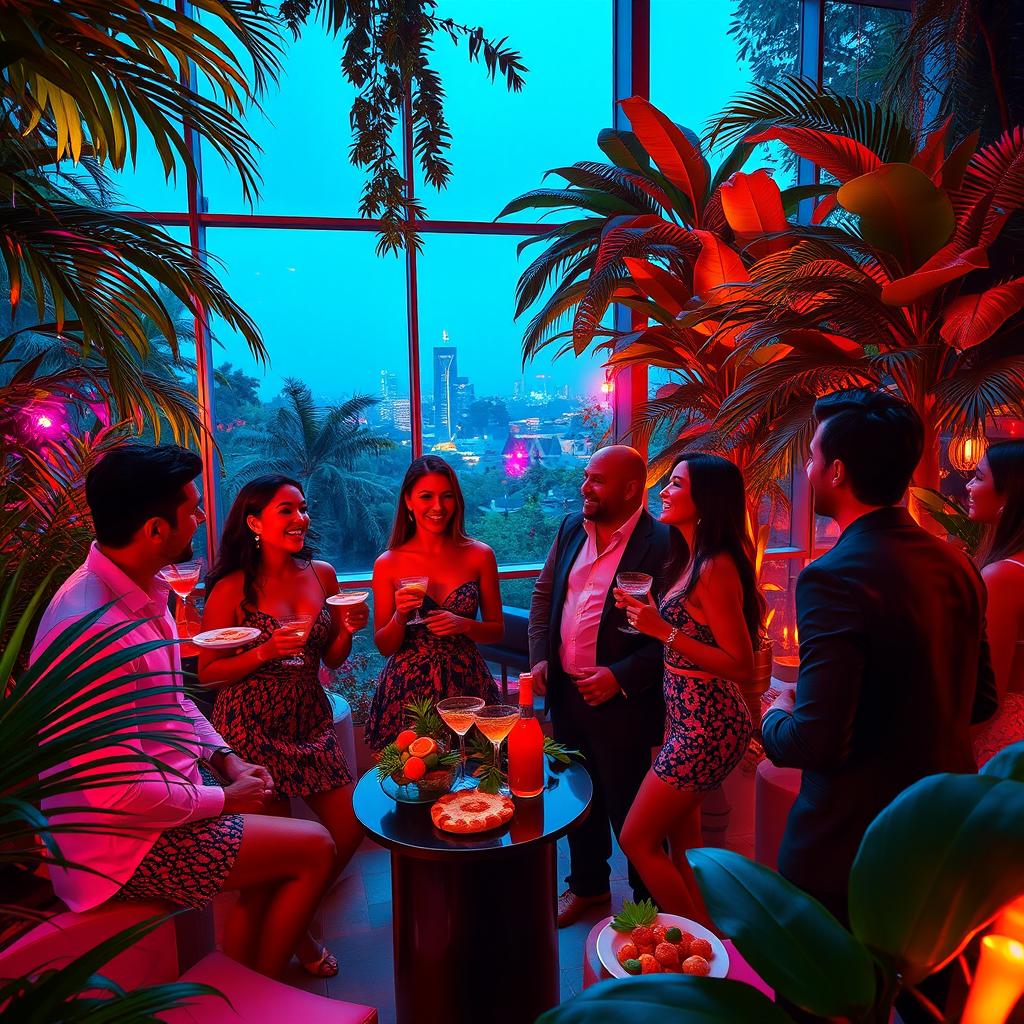 A hyperrealistic photo depicting a lively party scene set in a luxurious penthouse surrounded by dense jungle