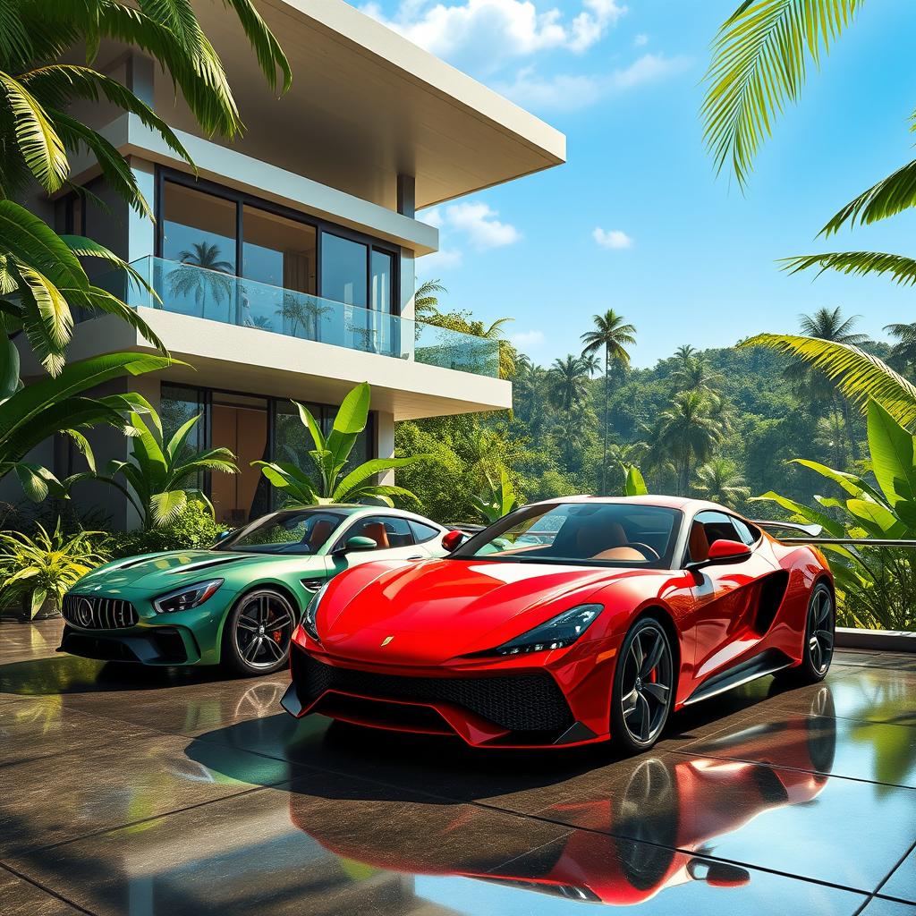 A hyperrealistic photo featuring beautiful automobiles elegantly parked in front of a luxurious penthouse surrounded by lush jungle scenery