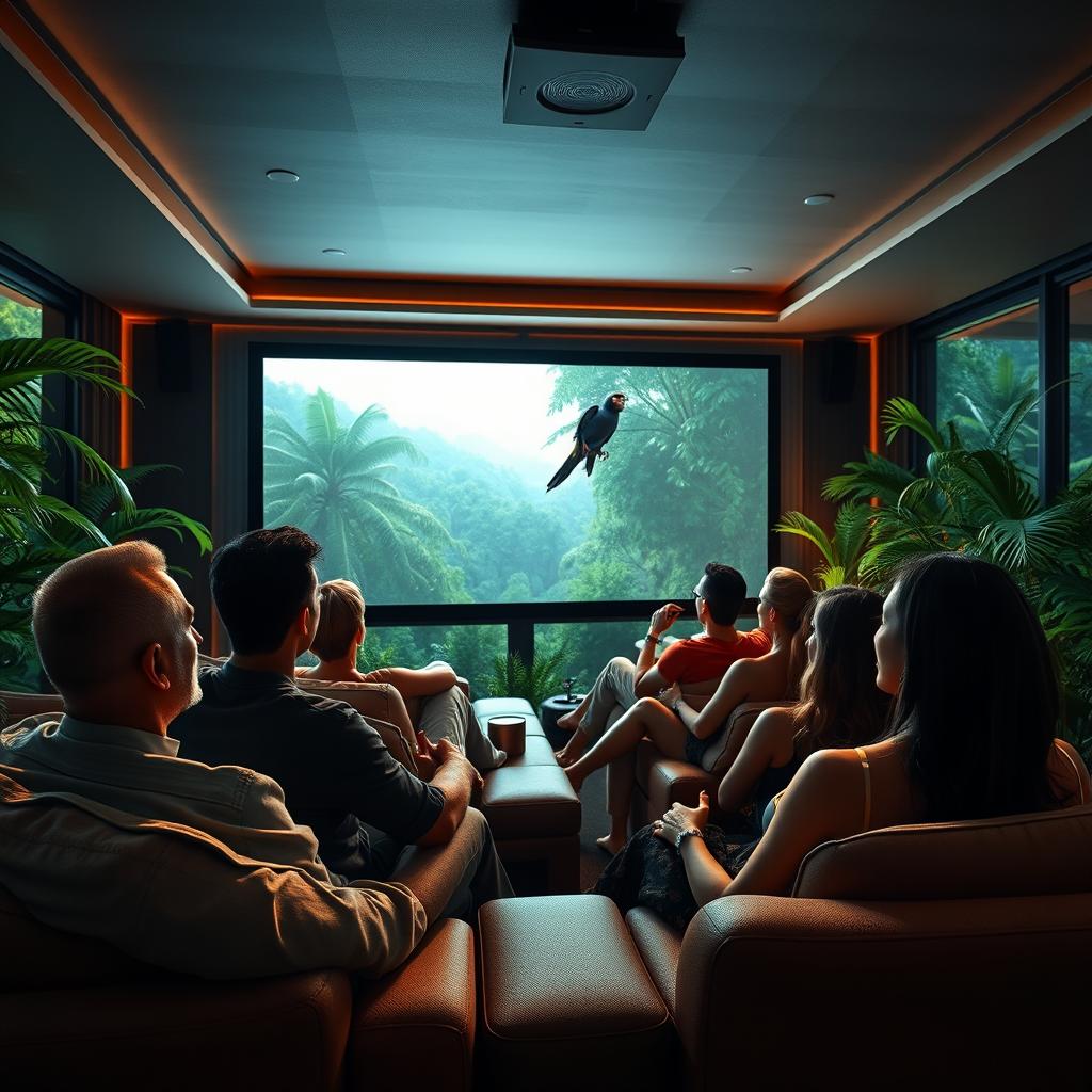 A hyperrealistic image of a stylish and luxurious home theater situated in a penthouse surrounded by lush jungle greenery