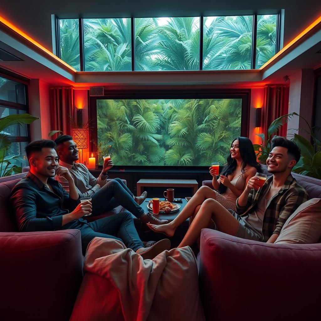 A hyperrealistic photo of beautiful men and women enjoying a movie night in a luxurious home theater situated in a penthouse surrounded by lush jungle greenery