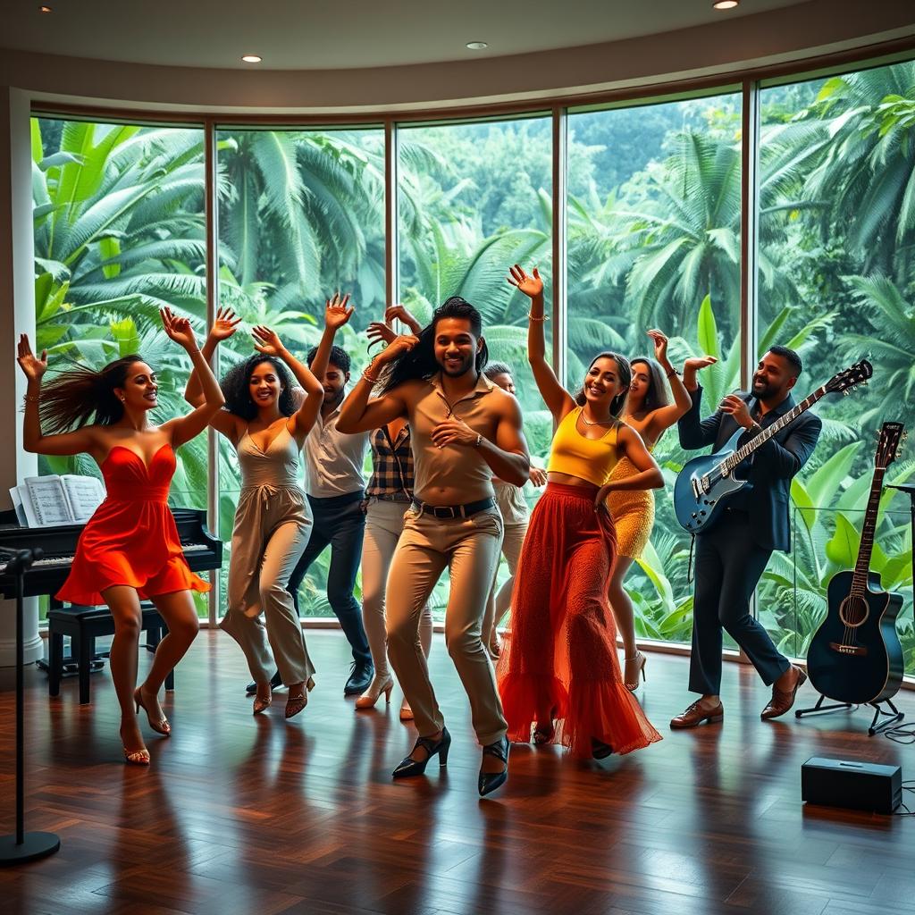 A hyper-realistic photo capturing a group of beautiful men and women dancing joyously in a stylish music room located in an exotic penthouse surrounded by lush jungle