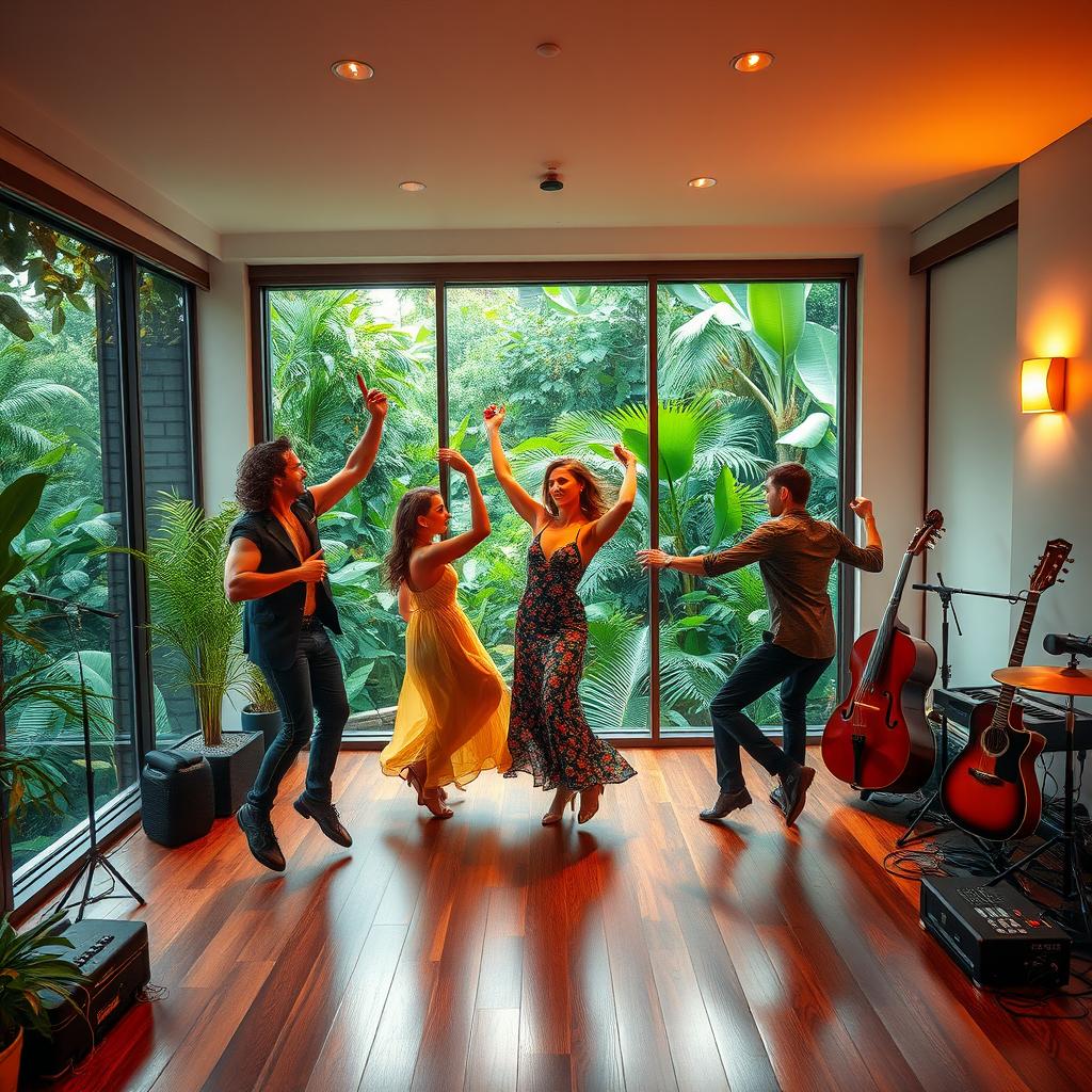 A hyperrealistic image of beautiful men and women dancing joyfully in a stylish music room located in a luxurious penthouse surrounded by lush jungle greenery