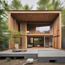 An intricately detailed front view of a minimalistic industrial style house incorporating bamboo materials. The design comprises a stripped-down structure with notable precision in architectural dimensions, boasting raw elements like concrete, steel frames, broad windows, and the natural warmth of strategically placed bamboo.