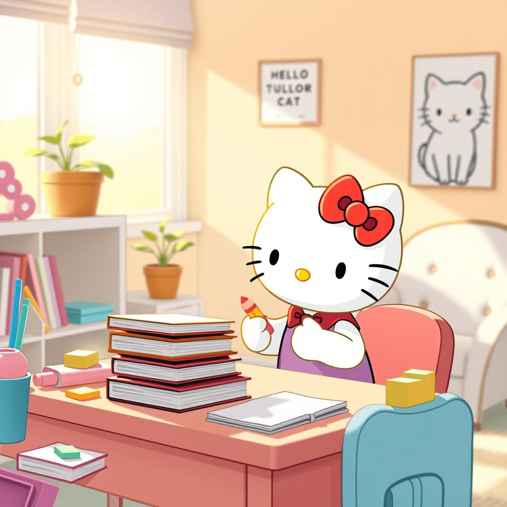 A whimsical scene featuring Hello Kitty sitting at a desk, focused on studying