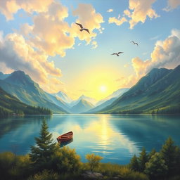 A stunning painting of a serene and peaceful landscape, featuring a tranquil lake surrounded by majestic mountains and lush greenery