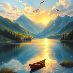 A stunning painting of a serene and peaceful landscape, featuring a tranquil lake surrounded by majestic mountains and lush greenery