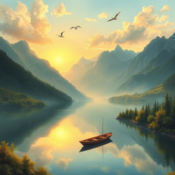 A stunning painting of a serene and peaceful landscape, featuring a tranquil lake surrounded by majestic mountains and lush greenery