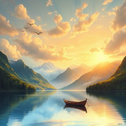 A stunning painting of a serene and peaceful landscape, featuring a tranquil lake surrounded by majestic mountains and lush greenery