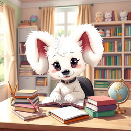 A cute, anthropomorphic character inspired by a dog breed, resembling a fluffy white puppy with large floppy ears and big expressive eyes