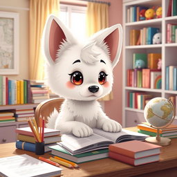 A cute, anthropomorphic character inspired by a dog breed, resembling a fluffy white puppy with large floppy ears and big expressive eyes