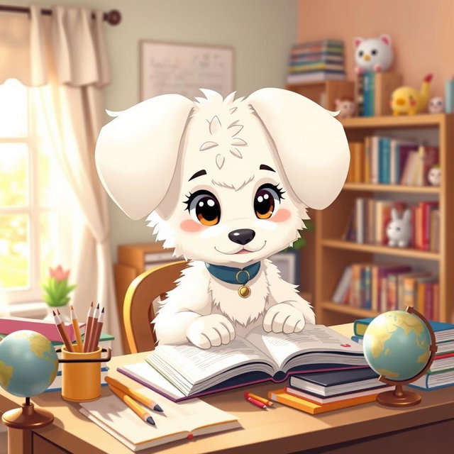 A cute, anthropomorphic character inspired by a dog breed, resembling a fluffy white puppy with large floppy ears and big expressive eyes
