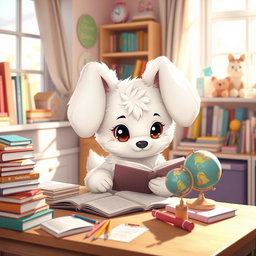 A cute, anthropomorphic character inspired by a dog breed, resembling a fluffy white puppy with large floppy ears and big expressive eyes