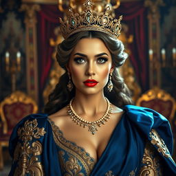 A regal portrait of a majestic queen, adorned in a lavish, intricately designed gown with flowing fabrics in royal colors like deep blue and gold