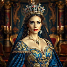 A regal portrait of a majestic queen, adorned in a lavish, intricately designed gown with flowing fabrics in royal colors like deep blue and gold