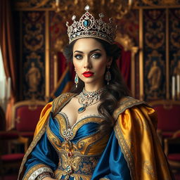 A regal portrait of a majestic queen, adorned in a lavish, intricately designed gown with flowing fabrics in royal colors like deep blue and gold