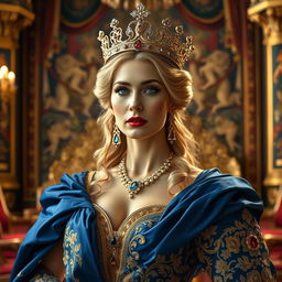 A regal portrait of a majestic queen, adorned in a lavish, intricately designed gown with flowing fabrics in royal colors like deep blue and gold