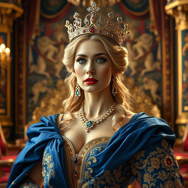 A regal portrait of a majestic queen, adorned in a lavish, intricately designed gown with flowing fabrics in royal colors like deep blue and gold