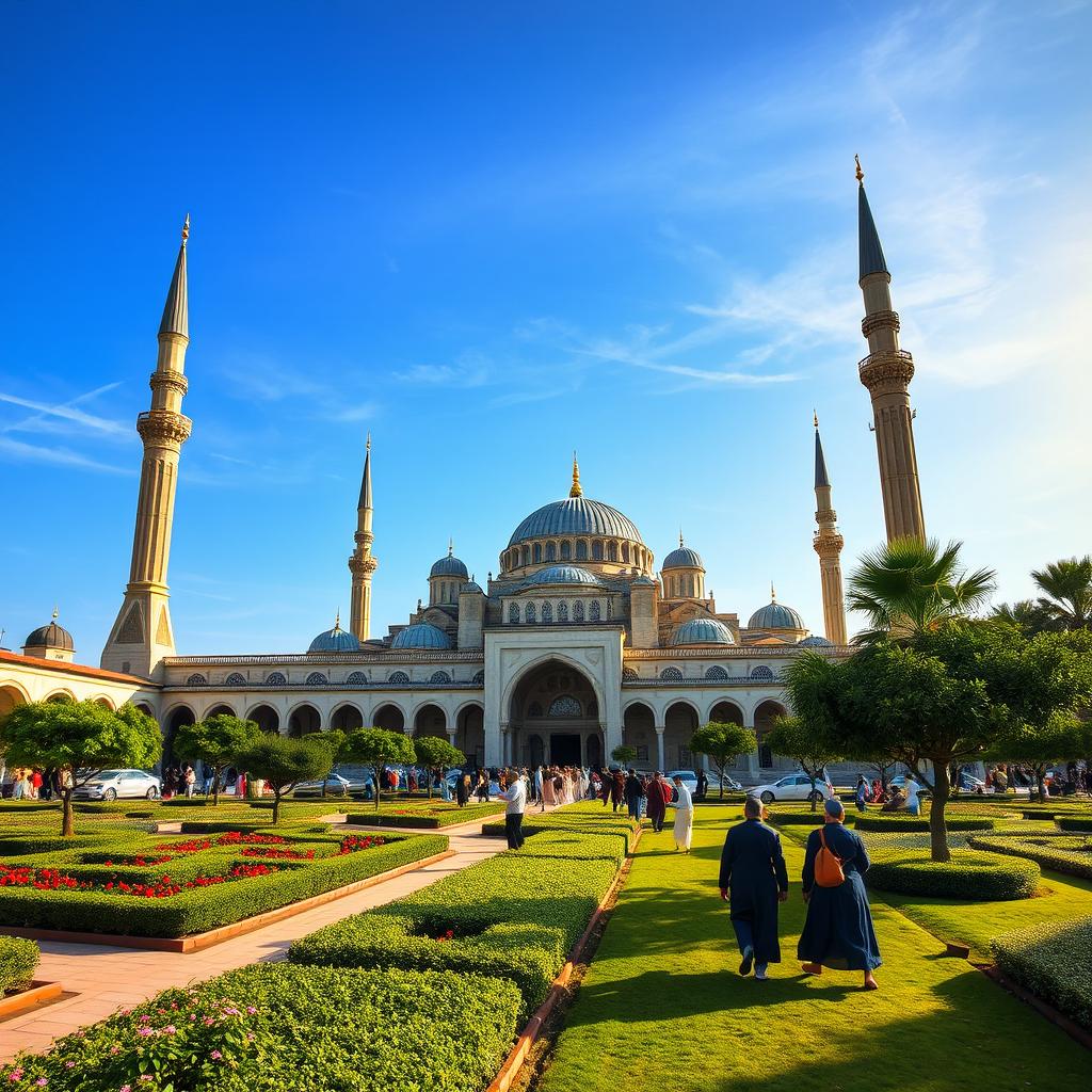 A stunning view of a Masjid with intricate architectural details, featuring beautiful minarets and elegant domes under a clear blue sky